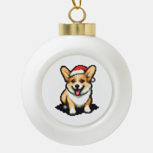 Cute Christmas Corgi in Santa hat Pixel art Ceramic Ball Christmas Ornament