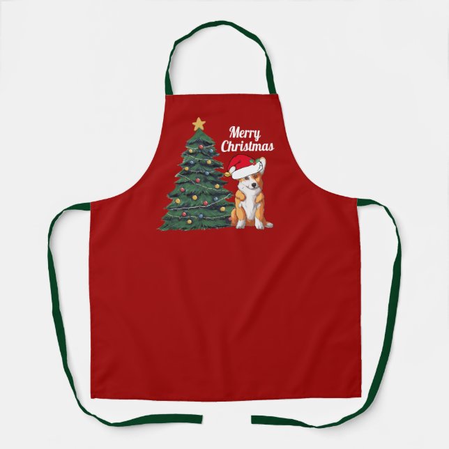 Cute Christmas Corgi in Santa Hat Red Holiday Apron (Front)