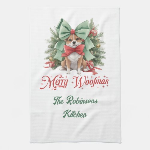 Cute Christmas corgi with green festive bow Kitchen Towel