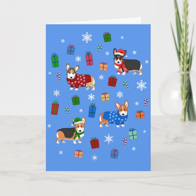 Cute Christmas Corgis in Hats & Sweaters Holiday Card (Front)