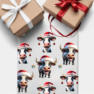 Cute Christmas Cow and Bull Plus Solids Green Red Wrapping Paper Sheets