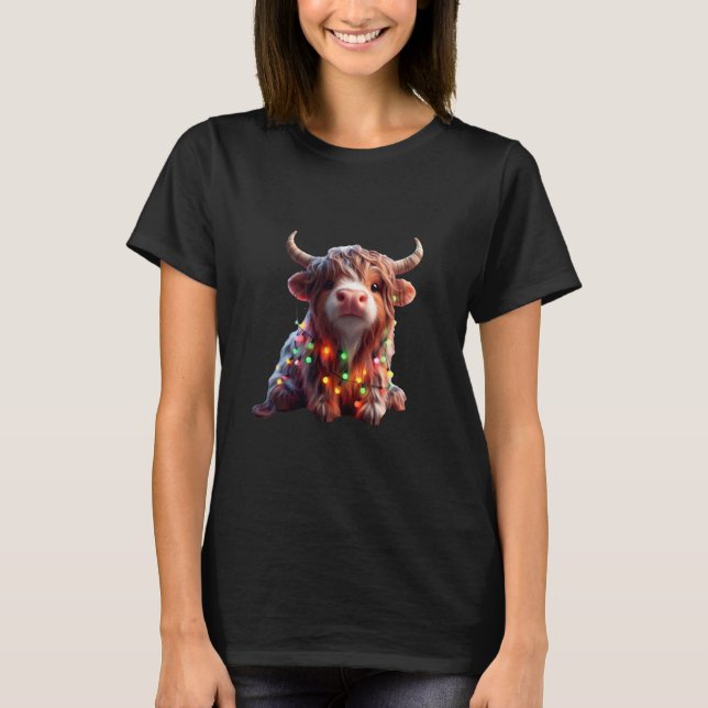 Cute Christmas Cow Calf with Fairy Lights Festive T-Shirt (Front)