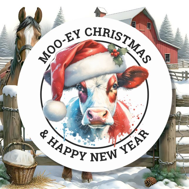 Cute Christmas Cow in Santa Hat Personalized Classic Round Sticker (Creator Uploaded)