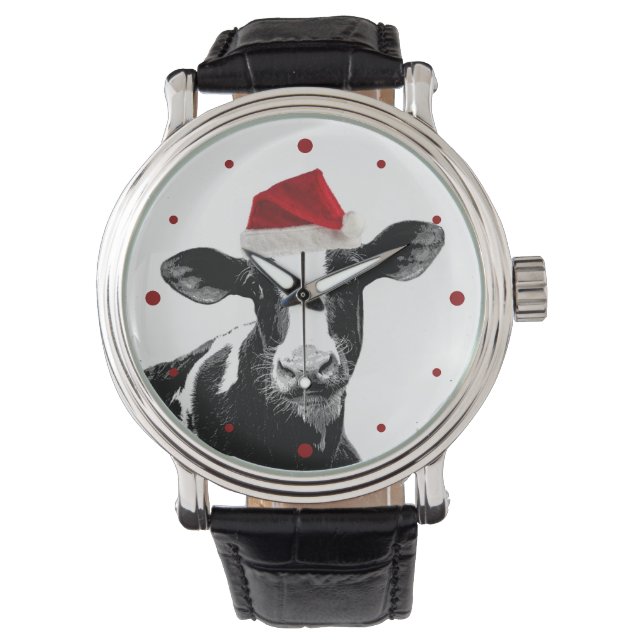 Cute Christmas Cow in Santa Hat Watch (Front)
