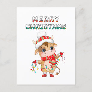 Cute Christmas Cow wearing winter costume Holiday Postcard