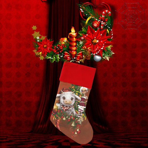 Cute christmas cow with little elf  christmas stocking