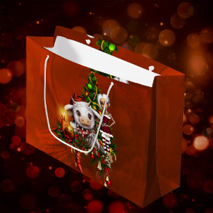 Cute christmas cow with little elf large gift bag