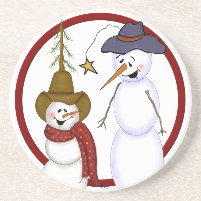 Cute Christmas Cowboy Snowman Sandstone Coaster (Front)