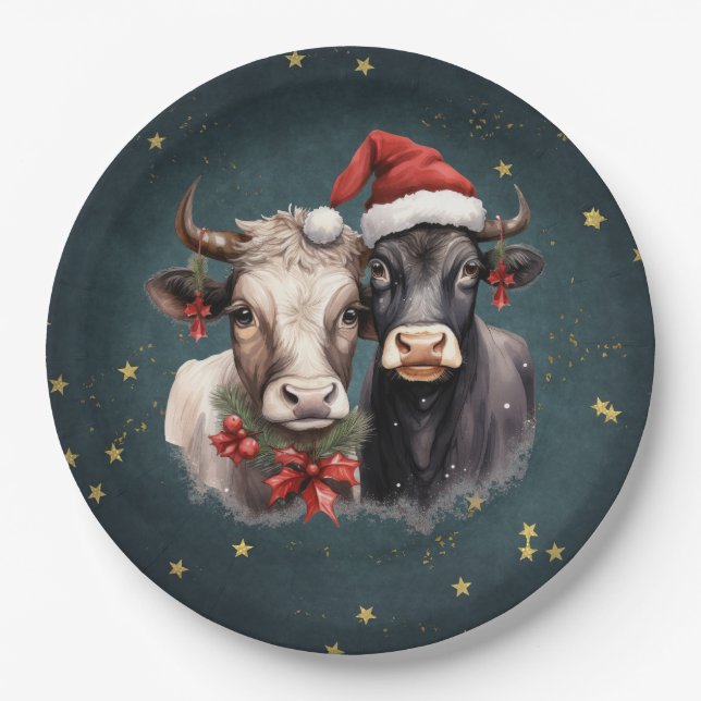 Cute Christmas Cows Paper Plates (Front)