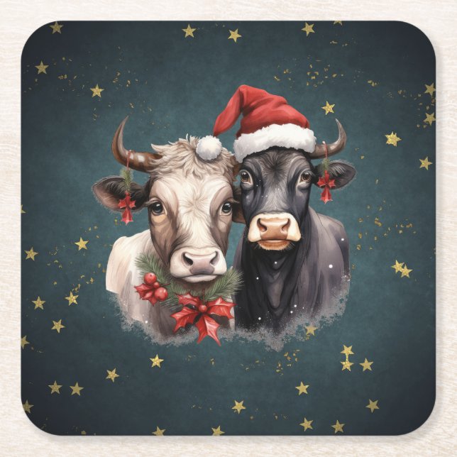 Cute Christmas Cows Square Paper Coaster (Front)