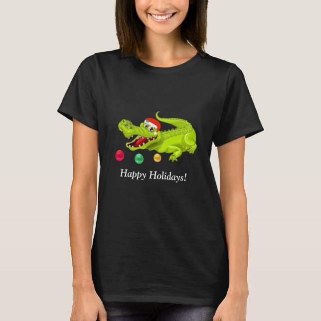 Cute Christmas Crocodile. Green Golden & Red Balls T-Shirt (Front)