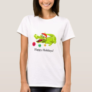 Cute Christmas Crocodile. Green Golden & Red Balls T-Shirt