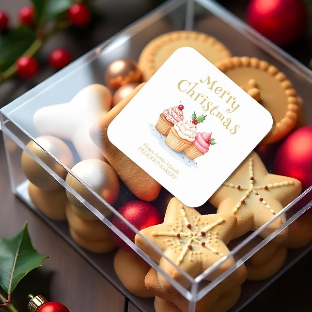 Cute Christmas Cupcakes Business Support Square Sticker (Cute Christmas Cupcakes Business Support Square Stickers.)