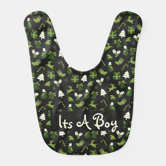Cute Christmas Custom Name Its A Boy Green Baby Bib (Front)