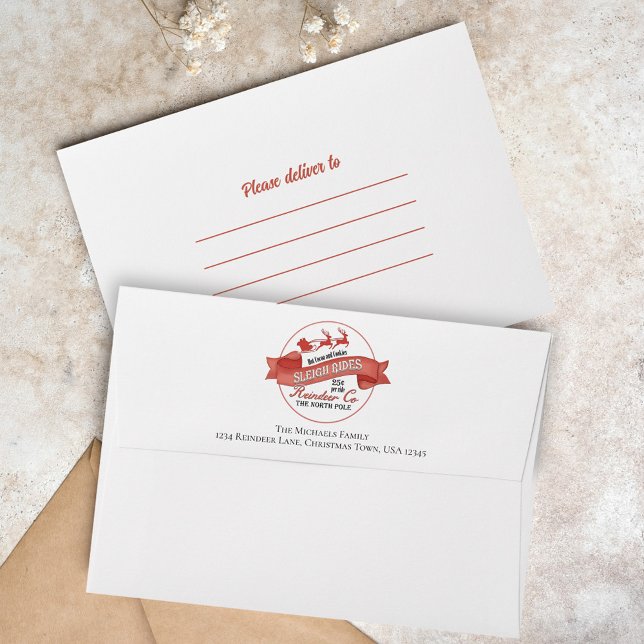 Cute Christmas Custom Santa Return Address Envelope (Simple Christmas holiday envelope with Santa Sleigh Rides typography. )