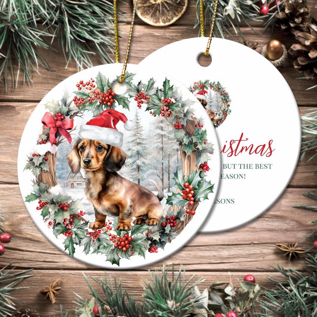 Cute Christmas dachshund dog puppy Santa hat Ceramic Ornament (Cute Christmas dachshund dog puppy Santa hat Ceramic Ornament)