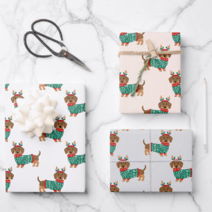 Cute Christmas Dachshund Multi Pack Reindeer Dog Wrapping Paper Sheets