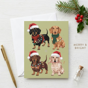 Cute Christmas Dachshunds in Santa Hats and Scarf Holiday Card