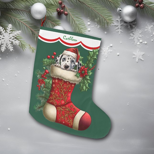 Cute Christmas Dalmatian Puppy Peeking Large Christmas Stocking (Creator Uploaded)