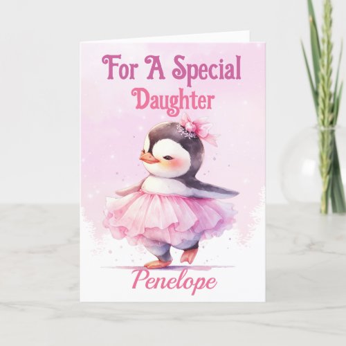 Cute Christmas Daughter Penguin Pink Ballerina Holiday Card