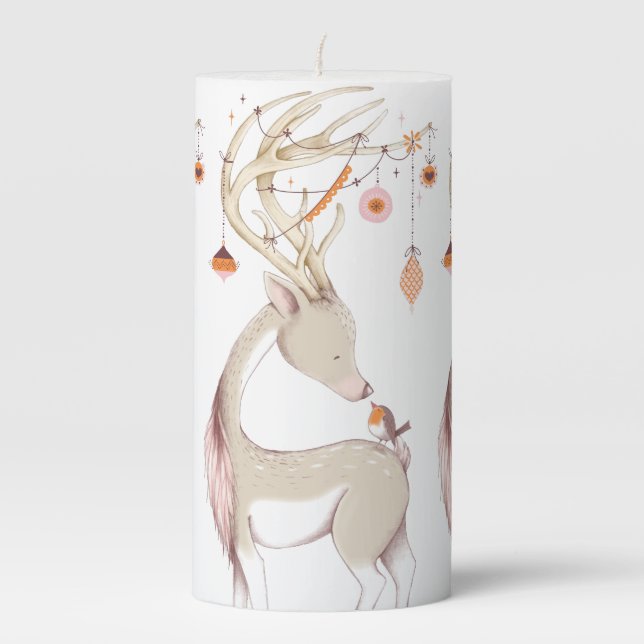 Cute Christmas Deer & A Bird Pillar Candle (Front)