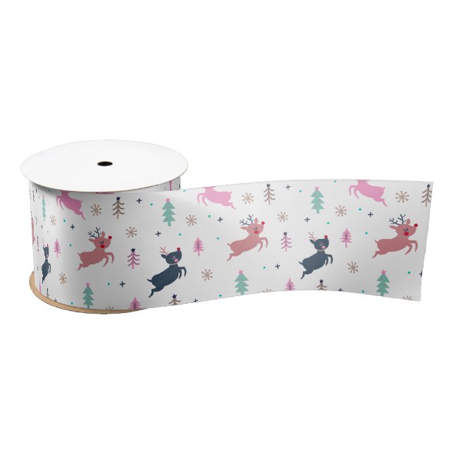 Cute Christmas Deer And Trees Illustration White Satin Ribbon (Spool)