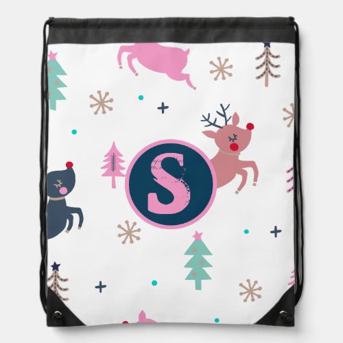 Cute Christmas Deer And Trees Monogram White Drawstring Bag