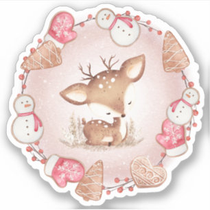 Cute Christmas Deer Gingerbread Pink Kiss cut Sticker