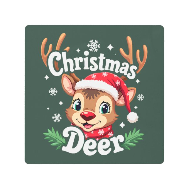 Cute Christmas Deer Illustration Metal Print (Front)