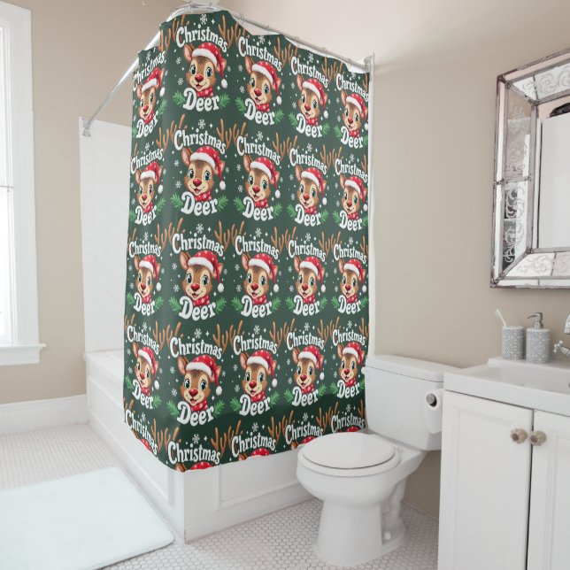 Cute Christmas Deer Illustration Shower Curtain (In Situ)