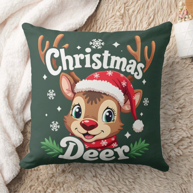 Cute Christmas Deer Illustration Throw Pillow (Blanket)