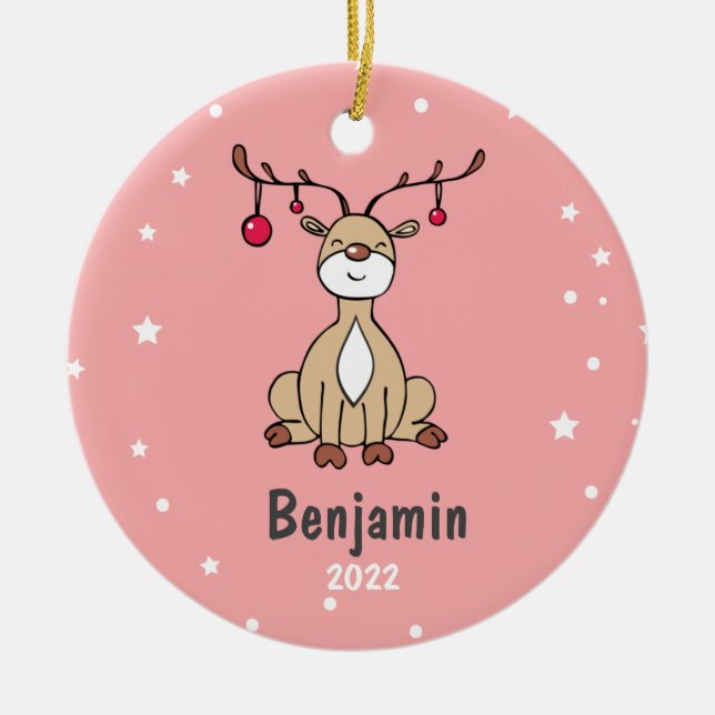 Cute Christmas Deer Kids Personalized  Ceramic Ornament (Front)