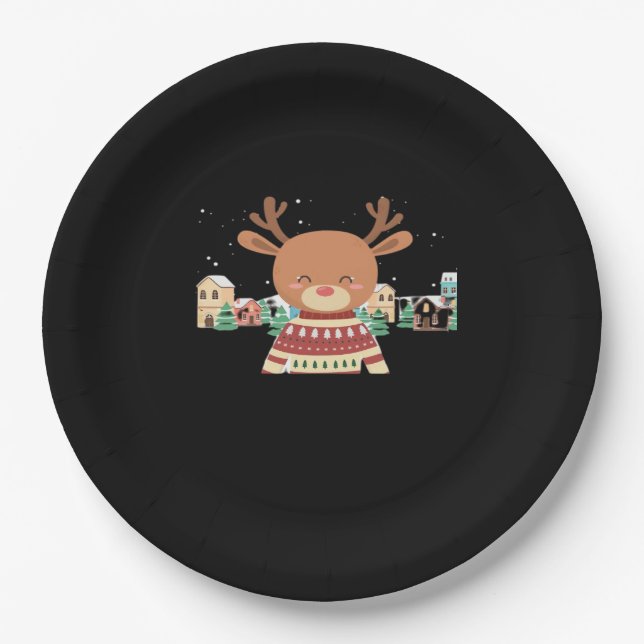 Cute Christmas Deer Minimal Design  Paper Plates (Front)