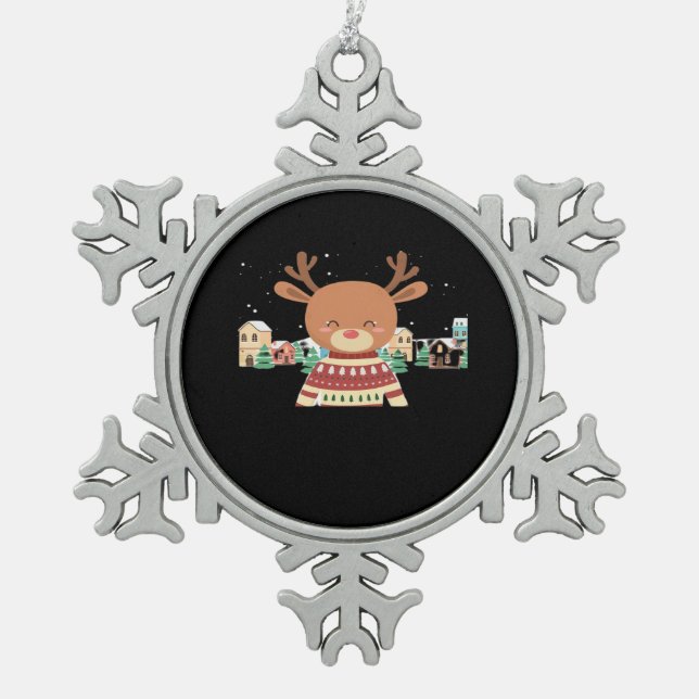 Cute Christmas Deer Minimal Design  Snowflake Pewter Christmas Ornament (Front)