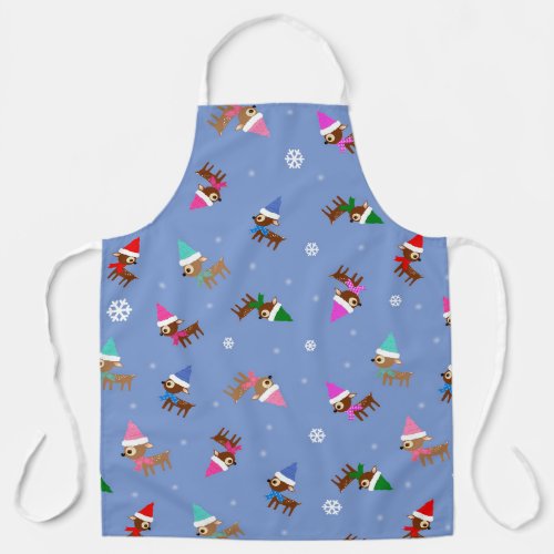 Cute Christmas Deer Pattern On Light Blue Apron