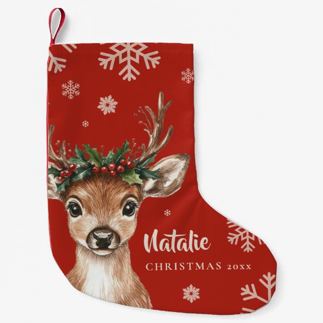 Cute Christmas Deer with Antlers and Floral Crown Small Christmas Stocking (Front)