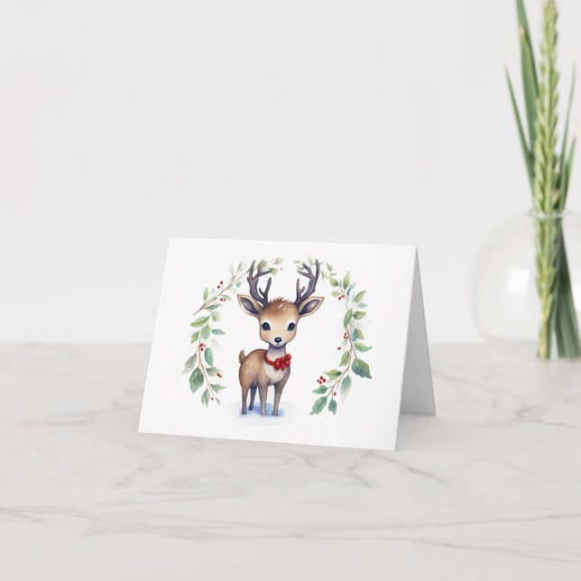 Cute Christmas Deer with Holiday Wreath BLANK  Card (Front)