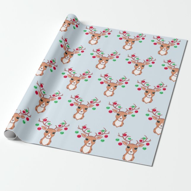 Cute Christmas Deer Wrapping Paper (Unrolled)