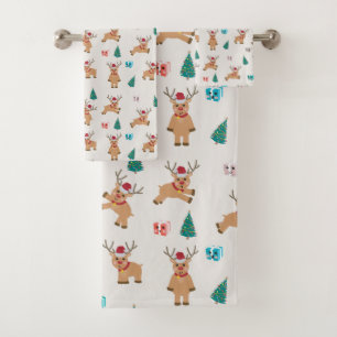 Cute Christmas Deer Xmas Gifts & Tree Pattern Bath Towel Set