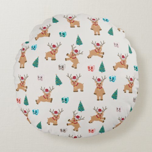 Cute Christmas Deer Xmas Gifts  Tree Pattern Round Pillow