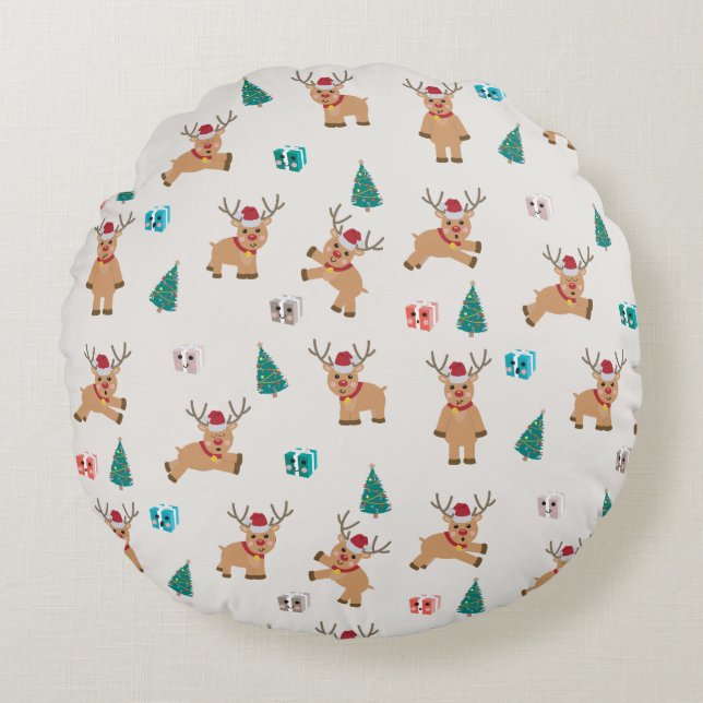 Cute Christmas Deer Xmas Gifts & Tree Pattern Round Pillow (Front)