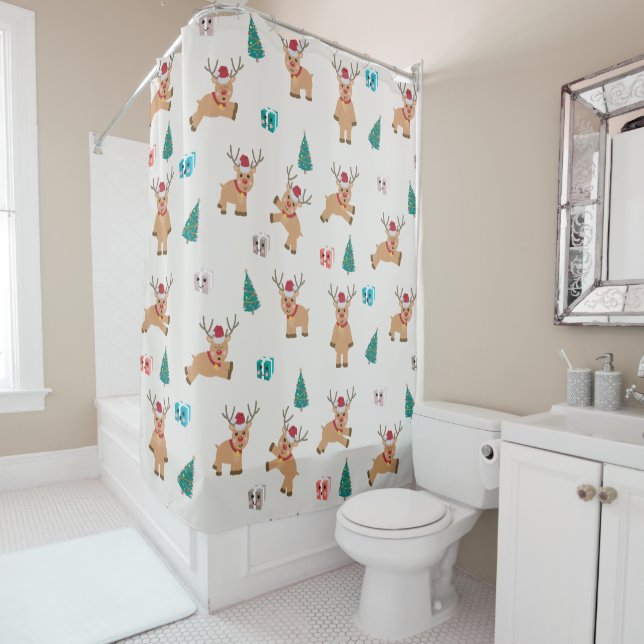 Cute Christmas Deer Xmas Gifts & Tree Pattern Shower Curtain (In Situ)