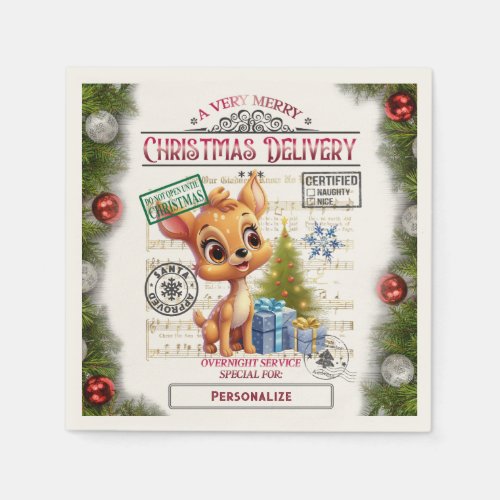 Cute Christmas Delivery Baby Reindeer Personalize Napkins