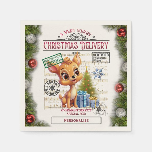 Cute Christmas Delivery Baby Reindeer Personalize Napkins (Front)