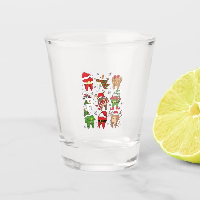 Cute Christmas Dental Tooth Characters Fun Holiday Shot Glass (Front)