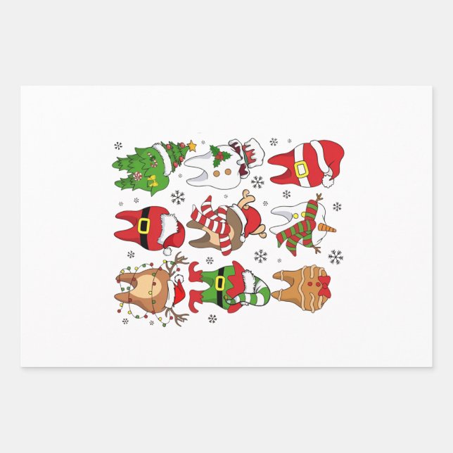 Cute Christmas Dental Tooth Characters Fun Holiday Wrapping Paper Sheets (Front)