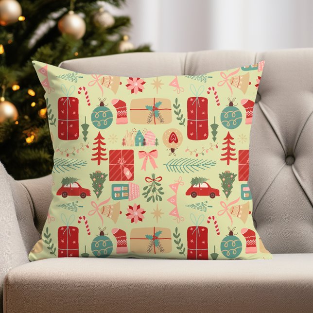 Cute Christmas Design in Preppy Pink and Mint Gree Throw Pillow (cute coquette preppy pink and mint green christmas pattern pillow for holiday decor)