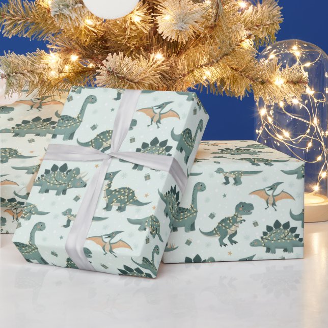 Cute Christmas Dino Lights Kids Pattern  Wrapping Paper (Holidays)