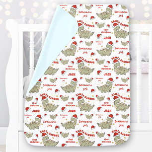 Cute Christmas Dinosaur Blue Name Santasaurus Baby Blanket