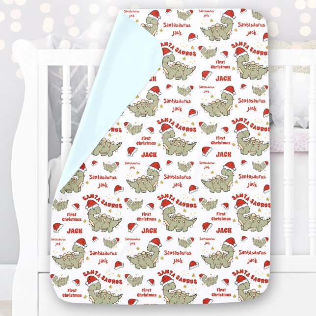 Cute Christmas Dinosaur Blue Name Santasaurus Baby Blanket (Cute Christmas Dinosaur Blue Name Santasaurus Baby Blanket)